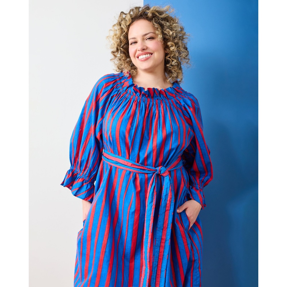 Printfresh Pencil & Paper Co Wells Dress Nautical Stripes Red Blue 2X NWT Coasta